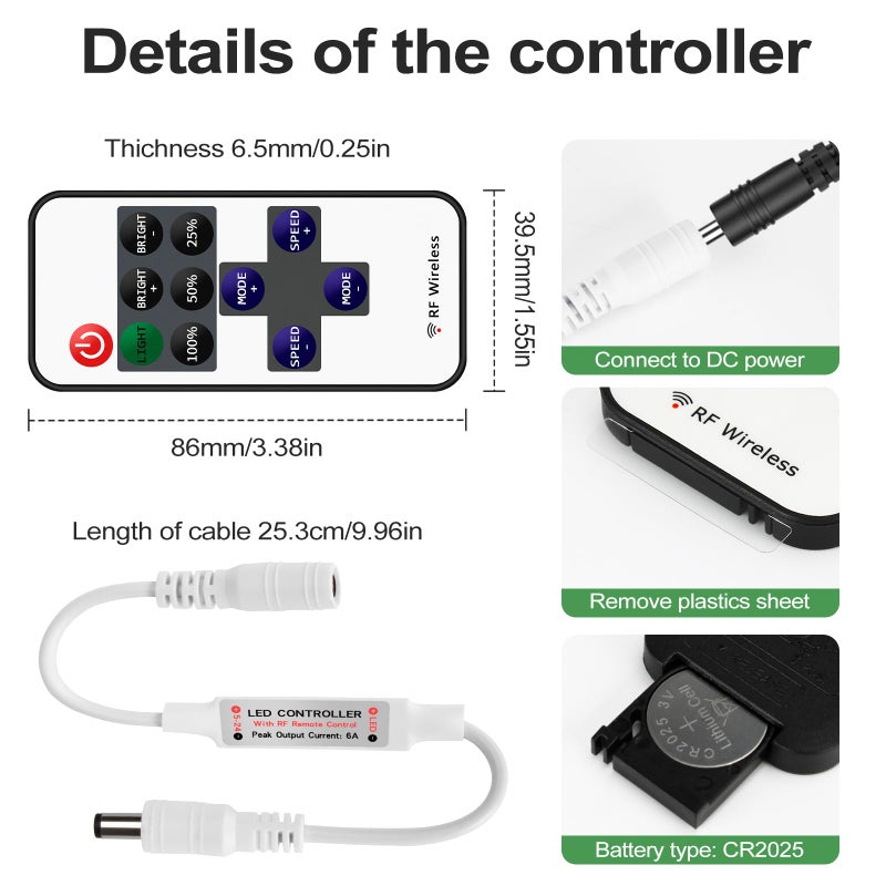 RGBZONE 2 Pack Mini RF LED Dimmer, Single Color Controller for 5050 3528 5630 Strip Lights, DC5V/DC12V/DC24V Single Channel LED Controller, 11-Keys RF Wireless Remote Control - Image 4